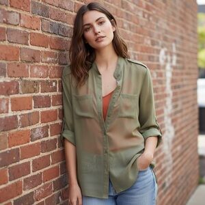 Rue21 Moss Green Semi-Sheer Button Down Blouse Small Utility Roll Tab Sleeve